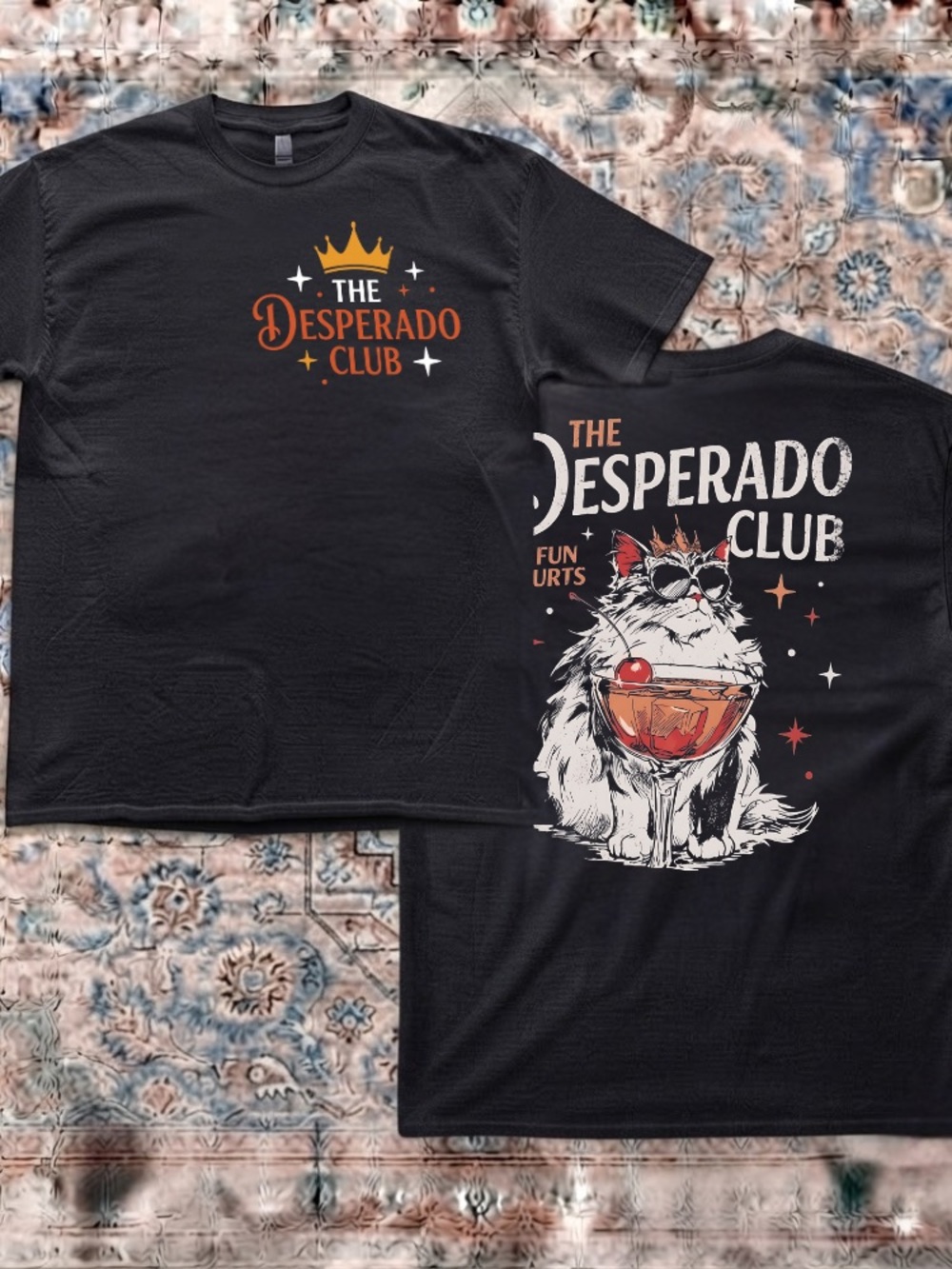 The Desperado Club Fun Urts Cat Sunglasses Cocktail Crown Vintage Black T-Shirt